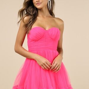 Lulus Lovely Flirtation Hot Pink Tulle Strapless Bustier Mini Dress - Size S